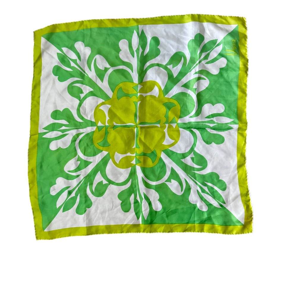 Vintage Vera Neumann Scarf‎ Green Yellow Floral Print Square 23" Preloved 1970's